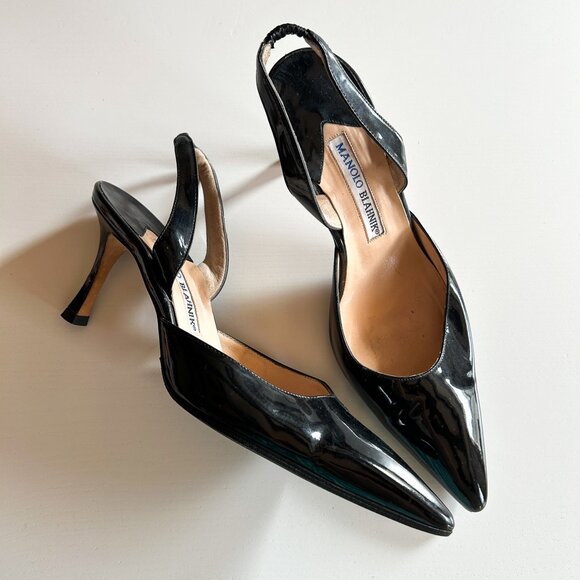 Y2K Manolo Blahnik Black Patent Leather Slingback Pumps Pointed Toe Heels EU 38 - Picture 1 of 8